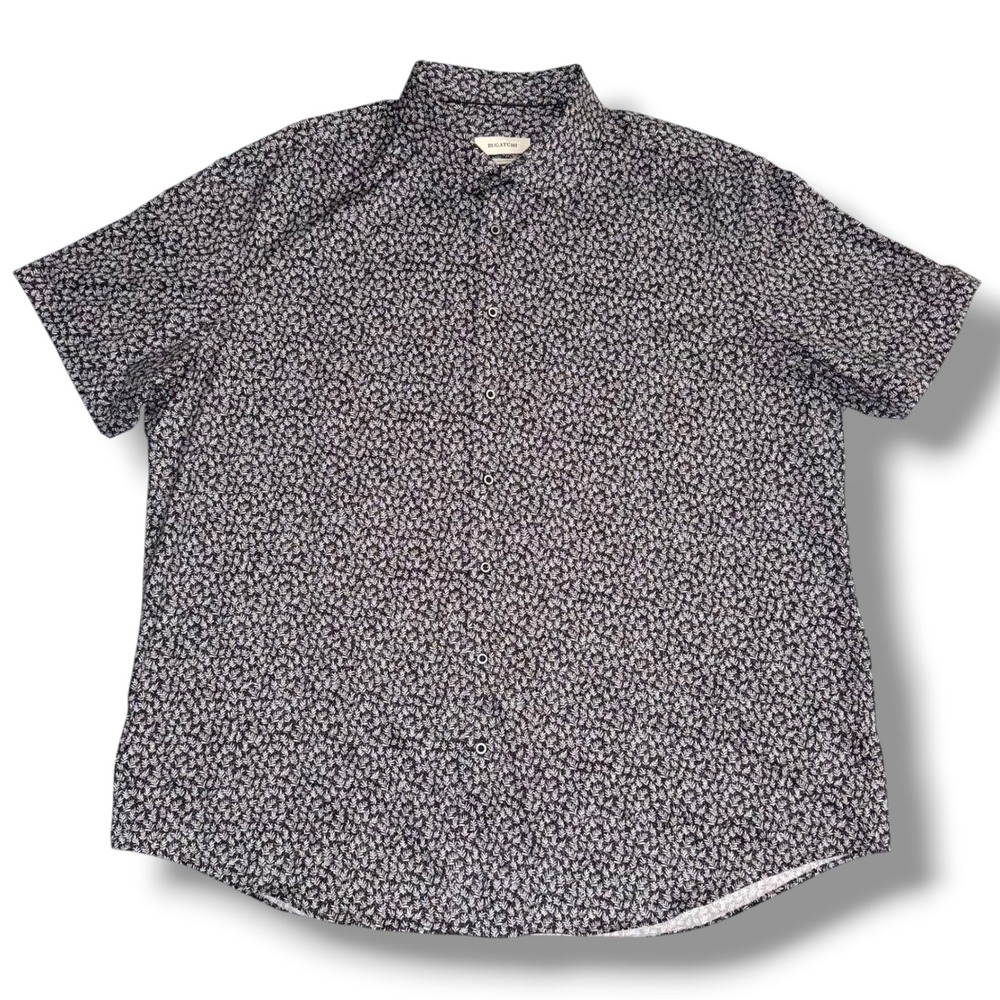 Bugatchi Button Up Shirt Men 3XL Black White Leaf Print 8-Way Stretch SS